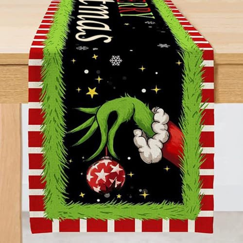 Tischläufer Weihnachten Grinch, Leinen, rechteckig, 34x186cm, abwaschbar | Hochwertiges Leinen, pflegeleicht. Perfekt für Winter, Weihnachtsfeiern, Adventszeit und festliche Tischdekoration.