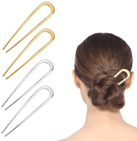 Realjoy 4 stycken U-formade hårnålar av metall, franska hårnålar stora, vintage hårgaffel för fixering av hårknutar, hårsmycken för kvinnor och flickor (2 guld och 2 silver)