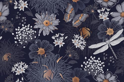 SOEWIOU Papier peint autocollant à motif floral foncé, 44,5 x 300 cm, papier peint imperméable, papier peint à motif de papillons floraux mignons et libellules pour la maison, la chambre à coucher,