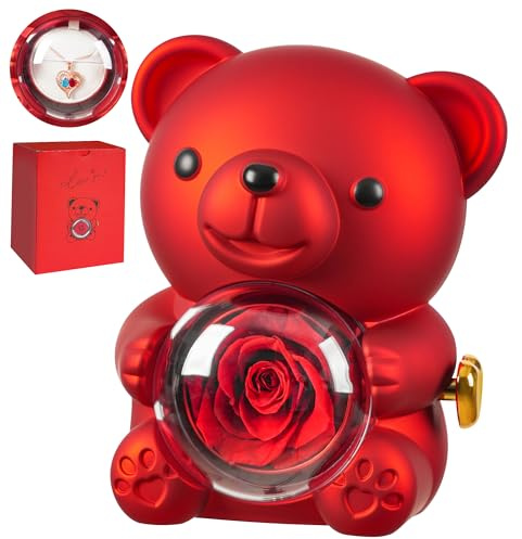 BOENFU Preserved Real Rose, Bear Ornament with I Love You Necklace, Eternal Flower Gifts for Women Grandma Mom Wife Girlfriend on Anniversary, Valentine's Day, Birthday, Mother's Day, Thanksgiving