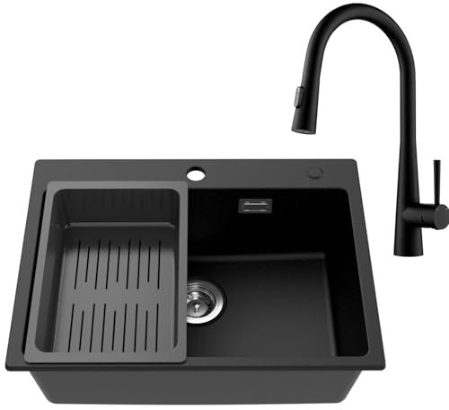 CECIPA Spüle Schwarz Granit 60x45cm mit Küchenarmatur Ausziehbar, Spülbecken Schwarz mit Siebkorb, Waschbecken Küche, Küchenspüle Granitspüle, Spülbecken Küche mit Siphon Ab- und Überlaufgarnitur