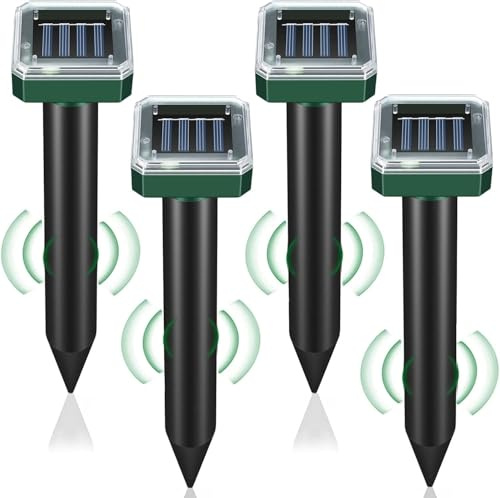 Ultraschall Maulwurfvertreiber für Mäuse, 4 Pack Solar Maulwurfabwehr Wühlmausschreck für Rasen, Garten und Hof, Bodenkontrolle, Schlange, Nagetiere
