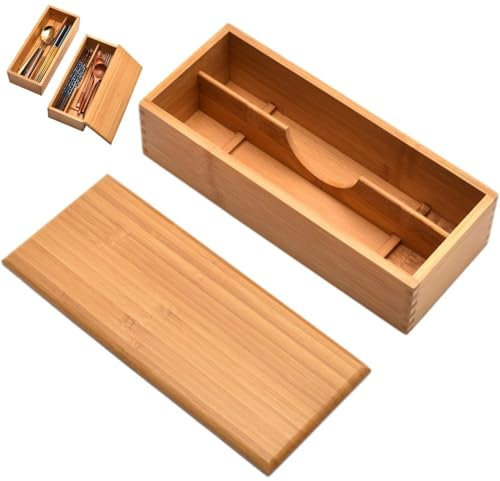 Zghhc Wooden Cutlery Box with Lid, Silverware Utensil Holder Japanese Spoon Chopsticks Storage Box Silverware Container Cutlery Storage Drawer for Kitchen Countertop