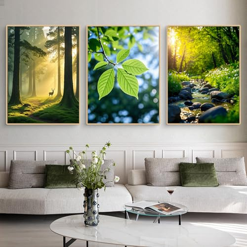 Uixxducc 3er Frühling Waldlandschaft Poster Set, Aesthetic Spring Grüne Bäume, Fließendes Wasser Bilder -Frühling Wandbilder Wohnzimmer Deko für Flur Schlafzimmer - ohne Rahmen (50x70cm)