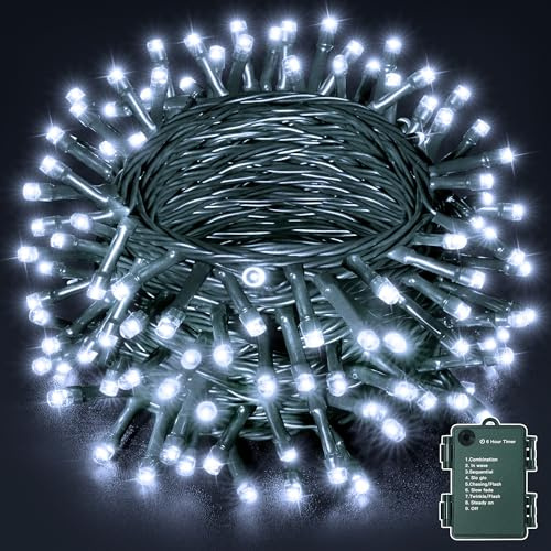 Ollny Fairy Lights Battery Operated, 10m 100 LEDs Outdoor Christmas Tree Light Battery Powered, Cool White Waterproof String Lighting with 8 Modes/Timer for Indoor Bedroom Outside Garden Decorations