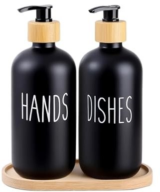 Yumzxin Glass Soap Dispenser Set of 2 (16oz) - Refillable Pump Hand Wash Dispenser for Bathroom Sink, Kitchen Countertop & Laundry Room (Black)