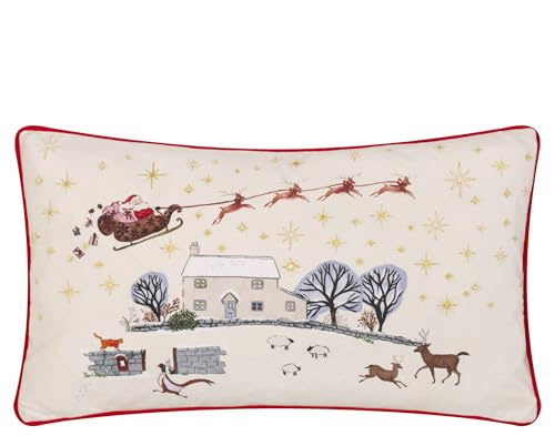furn. Cotswolds Christmas Cuscino Imbottito Di Poliestere (Crema - 30x50cm) | Festivo Stagionale Villaggio Invernale Velluto Ricamato Cuscino Decorativo