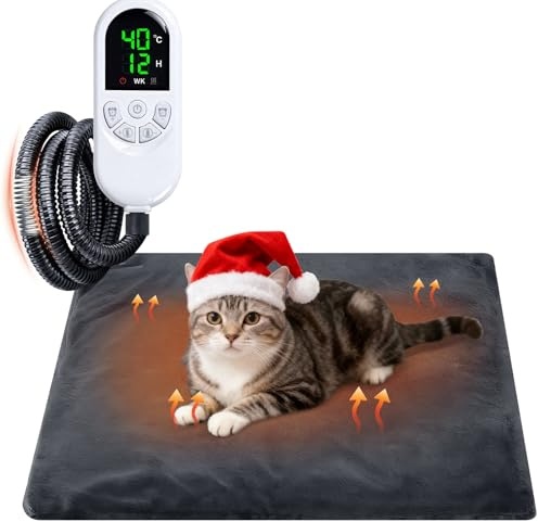 Qoosea Tapis Chauffant Chat Chien, Couverture Chauffante Animaux avec Minuterie Auto Off Réglable Température 30-60°C, Imperméable Couverture Chauffante Electrique avec Câble Anti-Morsures-45 * 45CM