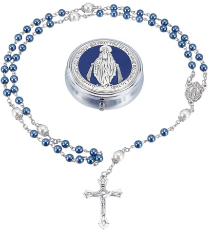 GOMAKERER 2 collane a croce, in argento con ciondolo a forma di croce, in lega di zinco, per uomo e donna, Pasqua, battesimo, festival, 74 cm di lunghezza (perla blu)