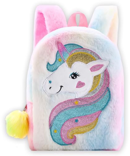 CDLIZW Einhorn Plüsch Rucksack für Kinder,Plüsch Einhorn Rucksack,Mini Doppel Schultertasche,für Schule Freizeit Shopping und Reisen Kuscheliger Kinderrucksack