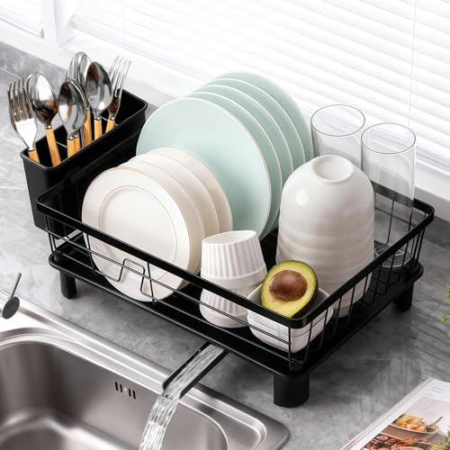 MHDCLY Dish Drainer Rack, Dish Drying Rack, Dish Rack, Dish Racks with Drain Board, Kitchen Accessories, Draining Board Rack, with Cutlery Holder, Over Sink Stainless Steel, 29 x 38cm, Black