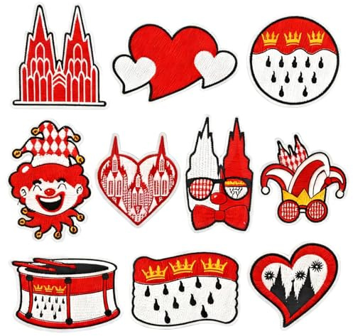 10 Stück Kölner Karneval Rot Weiß Bügelflicken | süße bestickte Reparaturflicken, Karneval Patches für Kleidung, Jeans, Hosen, Nähen, Hüte, Bastelzubehör (Rot-10)