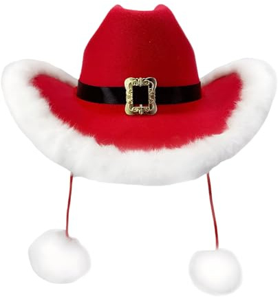 Roter Cowgirl-Hut für Damen, Pompons, Kopfbedeckung, weißer Plüschbesatz, roter Cowboyhut für Damen, für Outfit, Foto-Requisiten, Bühnenauftritte, Party, Urlaubskostüme