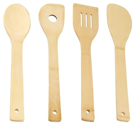 Utensilios Cocina Madera, Cuchara Madera Cocina Antiadherente, Bambú Natural Set Utensilios, Cucharones de Cocina Mango Largo, 4 Piezas
