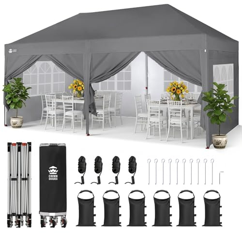 CROWN SHADES Pavillon 3x6 m, Faltpavillon mit 6 Seitenwänden, Wasserdicht Stabil Winterfest UV Schutz 50+,400D Oxford, Höhenverstellbarer Gartenpavillon, Gartenzelt, Partyzelt für Outdoor