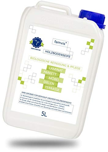 famvis Holzbodenseife 5L – Bodenreiniger für Parkett, Laminat & Holzboden – bis 2.000 m² ergiebiges Wischwasser Konzentrat – Holzpflege für Terrasse, Möbel & Dielen – Made in Germany