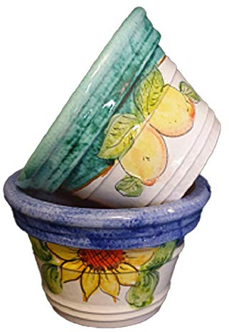 Generico Vaso Limoni Girasole 2 Pezzi in Ceramica di Vietri Dipinto a Mano Diametro 25 cm Altezza 16 cm Cachepot Fioriera per Interno ed Esterno