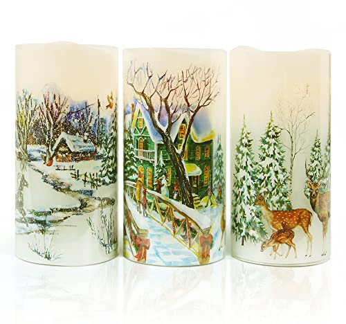 Darnassus Candele natalizie senza fiamma in vera cera a LED, decorazione a batteria, con timer e decorazione per albero di Natale verde, set di 3 pezzi, luce calda
