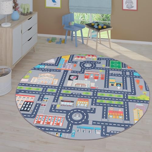 TT Home Kinderzimmerteppich Teppich Junge Mädchen Kinderteppich Baby rutschfest Straße, Farbe: Grau, Größe:200 cm Quadrat