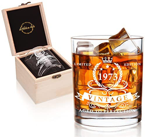 LIGHTEN LIFE Regalo per 50°compleanno da uomo 360ml,1973 bicchiere da whisky in scatola di legno pregiata,vetro bourbon whisky per 50 anni di papà,marito,amico,50°compleanno per uomini