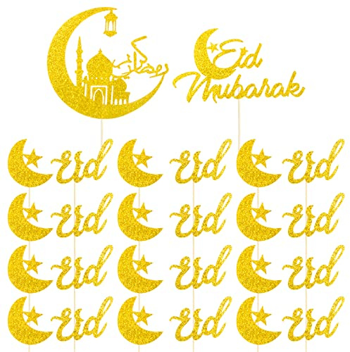 28 Pcs Eid Mubarak Tortendeko Set Glitzer Gold 2 Stk Große Cake Topper und 26 Stk kleine Cupcake Toppers mit 2 Stil Ramadan Kuchendekoration Eid Mubarak Tortenaufsatz