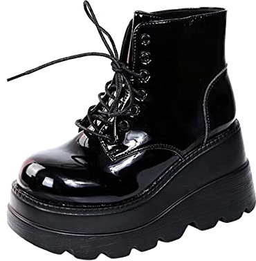 Susenstone Femmes Cheville Bottes Gothique Plate-Forme Talon Compensé Punk À Lacets Moto De Combat En Cuir Mode Dames Casual Bout Rond Rétro Marche Le Noir 38 EU