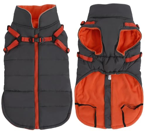 babepet Wasserdichter Hundemantel mit Geschirr, Hunde-Winterjacke mit Fleecefutter, reflektierende Weste, Haustierkleidung mit verstellbarem Brustgurt, Grau, Größe L
