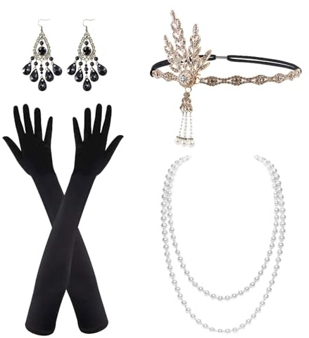 VIKSAUN 5 Stück 1920er Jahre Zubehör Set Gatsby Kostüm Zubehör Set für Frauen,Vintage Stirnband Halskette Lange Handschuhe Ohrringe Armband für 20er Jahre Party,Mode Retro Damen Accessoires