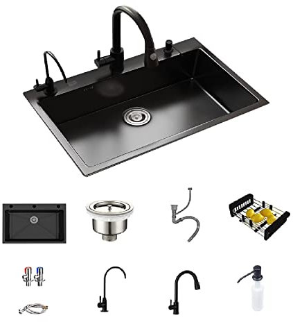 HGTRH Fregadero Negro PequeñO Cocina, Fregadero Bajo Encimera Negro 60x45, Fregadero Cocina un Seno 60x45cm De Acero Inoxidable, con 3 Agujeros De Montaje y Accesorios De Drenaje, Recubrimiento Nano
