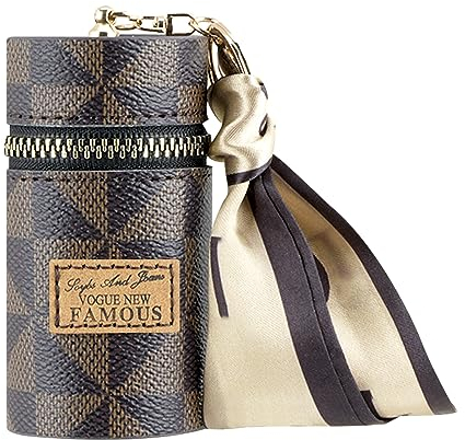 Adorila Mini Leather Lip Gloss Case, Travel Lipstick Bag with Keychain, Brown