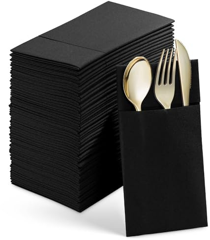 Dedjgoo 50PCS Disposable Dinner Napkins with Built-in Flatware Pocket,Prefolded Cloth Like Paper Napkins for Wedding Black Easy to Use about 40x40cm