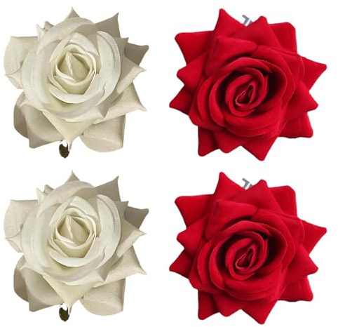4 pcs Pinces à cheveux roses, broche à épingle à fleurs roses, pinces à cheveux roses rouges/blanches, pinces à cheveux roses pour femmes filles pour réception de mariage sur la plage