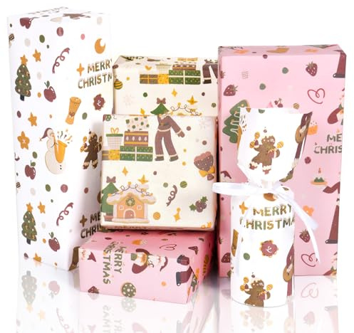 Toptime Geschenkpapier Weihnachten, Rosa und Weiß Kraftpapier Weihnachten mit Weihnachtsbaum Schneemann Merry Christmas, 6 Blatt Niedliches Weihnachtspapier für Kinder, Jungen, Mädchen, 70x50cm