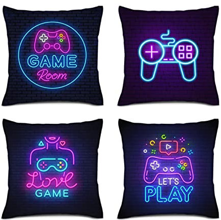 MpicChips Gamer Throw Pillow Case, Gaming Pillowcase 18x18 Pillow Cover Set of 4 Video Game Neon Sign Square Case Decorative Cushion Home Sofa Chair Car for Boys Bedroom Playroom (Retro Game Neon)