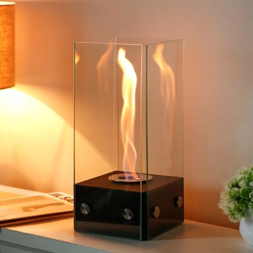 JHY DESIGN Rechteckige Glas-Tischfeuerstelle, 35 cm Hoch, Tragbarer, Sauber Brennender Bioethanol-Kamin Ohne Abzug, Mit Drehender Flamme, Für Innen, Außenbereich, Terrasse, Partys, Events – Schwarz