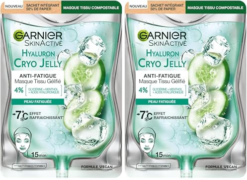 GARNIER Skin Active - Masque Visage Tissu Gélifié Hyaluron Cryo Jelly - Anti-Fatigue & Effet Rafraîchissant - Glycérine, Menthol & Acide Hyaluronique - Vegan & Cruelty Free - Peaux Fatiguées - x1