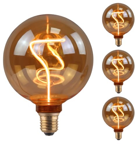 ENOVALITE 4 Stück LED Filament XL Leuchtmittel YARN GLOBE Amber | G125 E27 4,9W 200lm 1800K Warmweiß dimmbar, Vintage Design Ambiente Deko Glühbirne Lampe