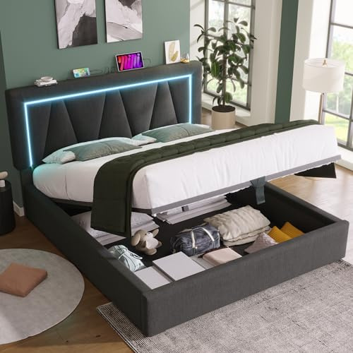 Ymkua Polsterbett Doppelbett 160x200 cm, Stauraumbett mit LED-Leuchten und USB Typ C-Port, Jugendbett mit Stauraum und Kopfteil, Hydraulisch Bettgestell mit Lattenrost, Leinen, Grau, Ohne Matratze