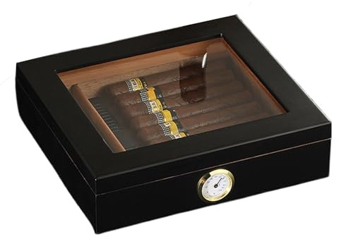 SanzIa Zigarren Humidor Desktop Zigarrenbox aus Gehärtetem Glas mit Zedernholzauskleidung mit Befeuchter, Hygrometer und Trennwand, Stores 20 Zigarren für Männer, Väter Ehemänner(Schwarz)