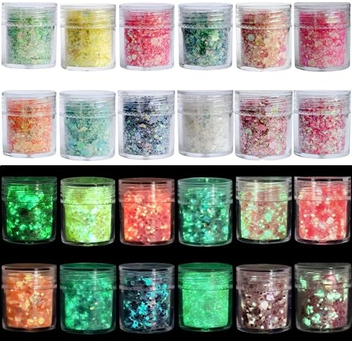 Wenrescry Fluoreszierende Glitzerfarben – Chunky und Feine Puder – Gesicht, Körper, Haare, Nägel – Festival-Make-up, Halloween, leuchtet im Dunkeln, 12 Farben