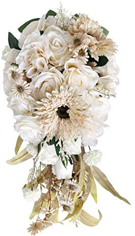 SEAYACK Delicado ramo de novia para boda, diseño de cascada, flores en cascada con flores con hojas verdes