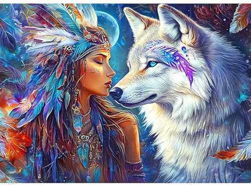 Bowetile Wolf Diamond Painting Erwachsene, Indische Frau & Wolf mit Strasssteinen für Anfänger, Diamant Painting Bilder Erwachsene, 5D DIY Diamond-Painting Arts Craft für Home Wand Decor 40x30cm