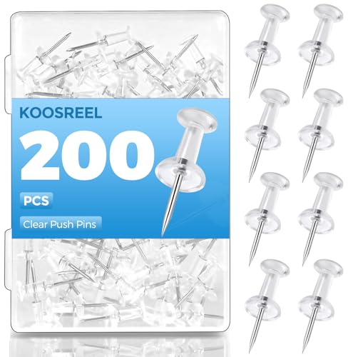 Clear Push Pins - 200 PCS Drawing Pins with Storage Box, Pins for Pinboard, Thumb Tacks for Cork, Notice, Pin Board and Bulletin Boards - Map Pin, Clear