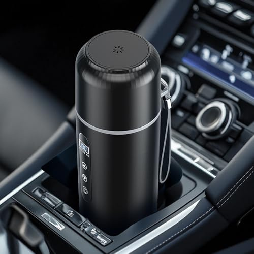 OMABETA 1PCS 500 Ml de Chauffage de Voiture, Tasse de Chauffage de Voyage Portable Kettle 12V 24V, Tasse de Chauffage en Acier Inoxydable pour Camion de Voiture (Noir)