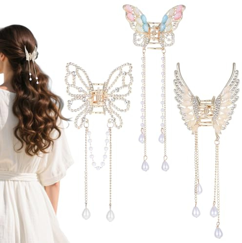 3 Stück Metall Schmetterling Haarklammer Gold mit Quaste, Elegante Haarklammern Haarschmuck Schmetterling Haarspange für Frauen und Mädchen, Haarspangen Ideal für tägliches Tragen und als Geschenk