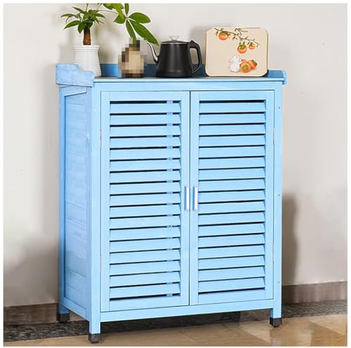 Banco da Giardino in Legno per Esterni con Doppie Porte e Piano di Lavoro zincato, mobiletto portaoggetti e Tavolo da Lavoro per orticoltura per Giardino, Balcone, Cortile (Blu)