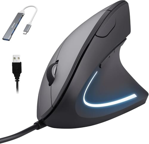 Wowssyo Mouse verticale ergonomico cablato, impedisce la mano del mouse/gomito del tennista (RSI), 1200/1800/2400/3600 DPI, LED, 1,8 m, mouse per mano destra per PC, laptop e Mac
