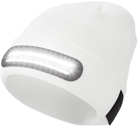 GRACETOP LED Cappello Uomo Invernale, 230° Fascio Largo USB Ricaricabile con LED Impermeabile con Lampada Frontale, Berretto Invernale Caldo, Regali Natale per Uomo Donna, Marito, papà (Bianco)