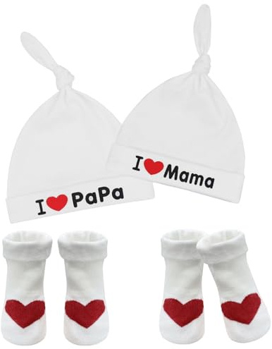 2 par babystrumpor och 2 stycken I Love Mama and I Love Pappa babymössa, babygåvor i 0-3 månader flickor pojkar unisex bomullshatt strumpor till jul nyår