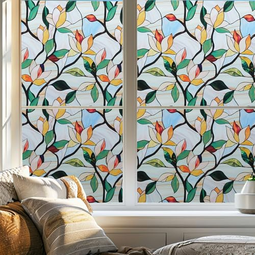 dktie Fensterfolie mit farbenfrohem Blumenmuster Verzierungen Sichtschutzfolie, Statisch Haftende UV-Schutz und Blendschutz, Sichtschutz Getönt, Fensterdekoration 90x200cm
